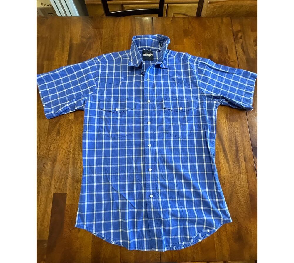 Wrangler Mens M Blue Plaid Pearl Snap Western Shirt Short Sleeve Cowboy
